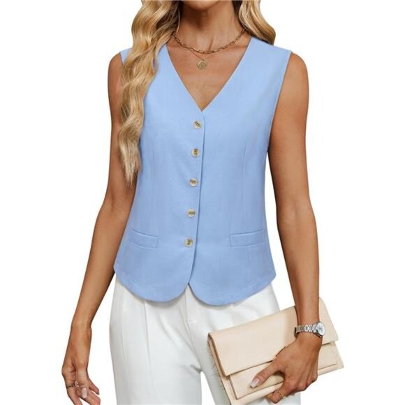 Women's Summer Sleeveless Blazer Vest Button Down Blue - Picture 1 of 5